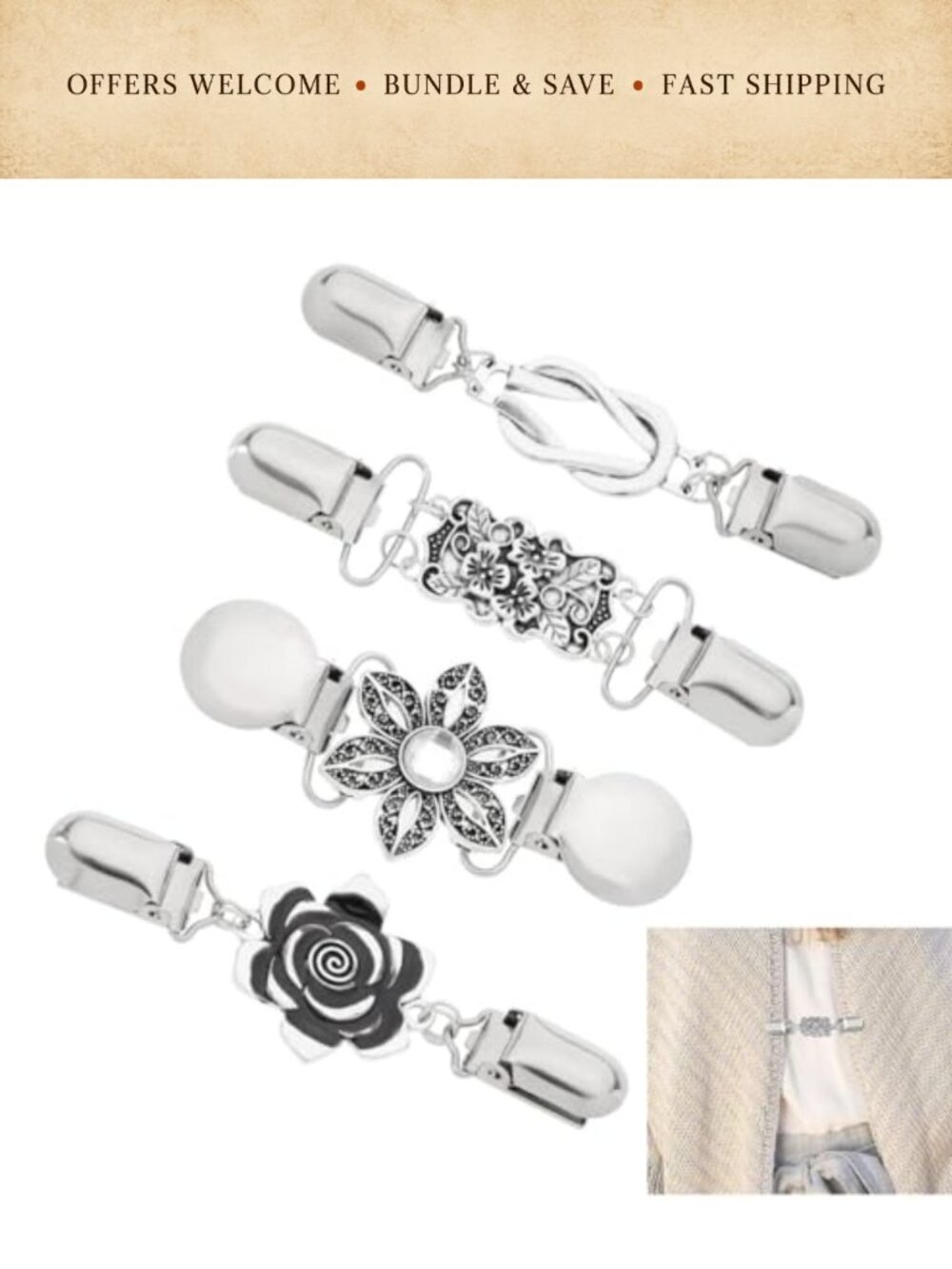 Vintage Zinc Alloy Cardigan Clips Antique Silver Shawl Fasteners Brooch 4Pc